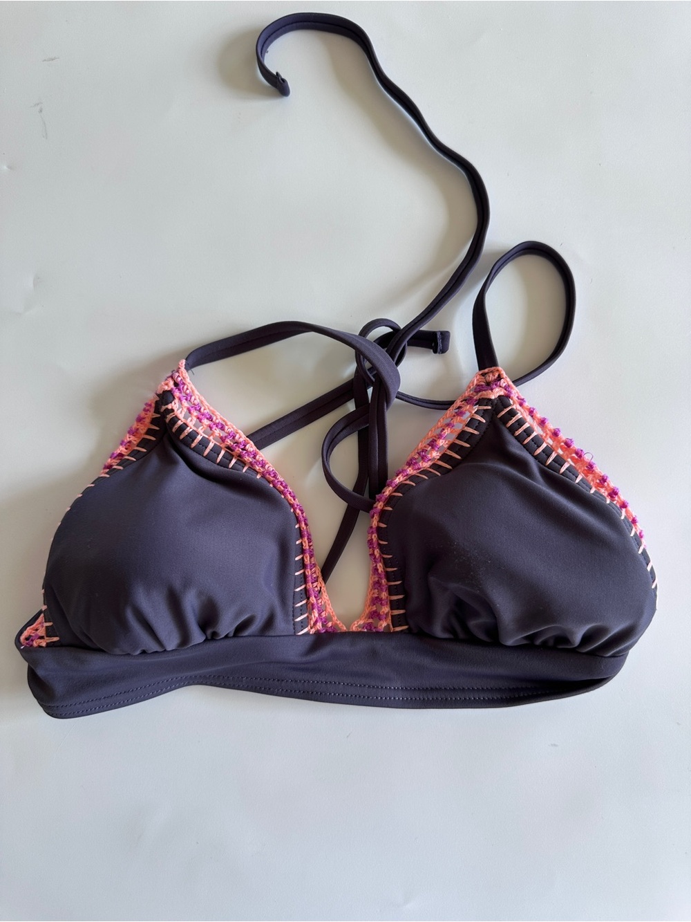 Xhilaration Plum Purple Triangle Bikini Top w/ Pink-Orange Crochet Trim Size XS